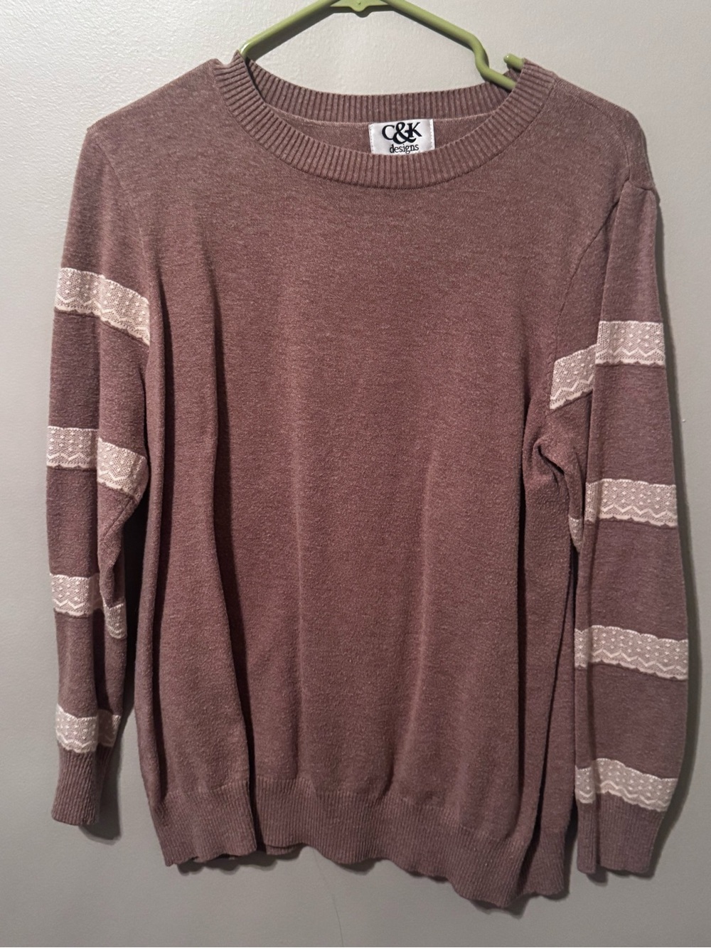 JK Designs Mauve Crewneck Sweater with Cream Lace Sleeve Stripes